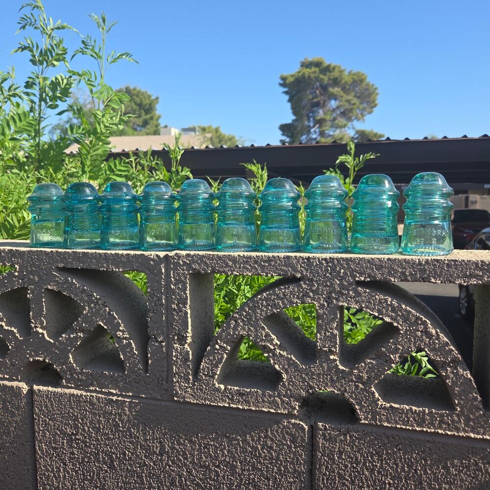 9 Antique Hemingray No. 9 Teal Aqua Glass Insulators Lot